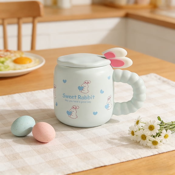 MORESEC Home Sweet Easter Bunny Ceramic Mug with Lid Spoon, 10oz Cute Coffee Tea Cup Gift Set in Box for Home Office Decor