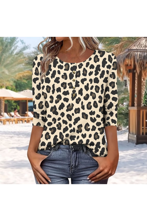 Leopard Print T-Shirt for Women Plus Size 3/4 Sleeve Button Down Casual Beach Vacation Top Fashion Clothes, Black 2XL