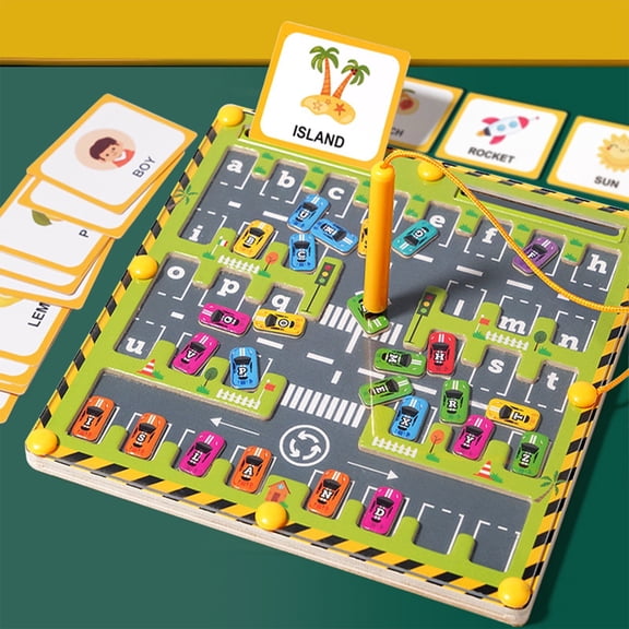 MORESEC Magnetic Alphabet Parking Maze Board with 26 Letter Cars and Double Sided Cards for Spelling Practice and Fine Motor Skill Development