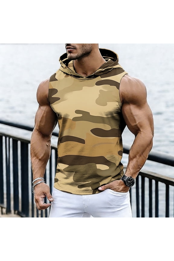 Men's Camo Tank Top Plus Size Hooded Sleeveless Casual Muscle Shirts Holiday Beachwear Summer Fashion Clothes, Multicolor 2XL