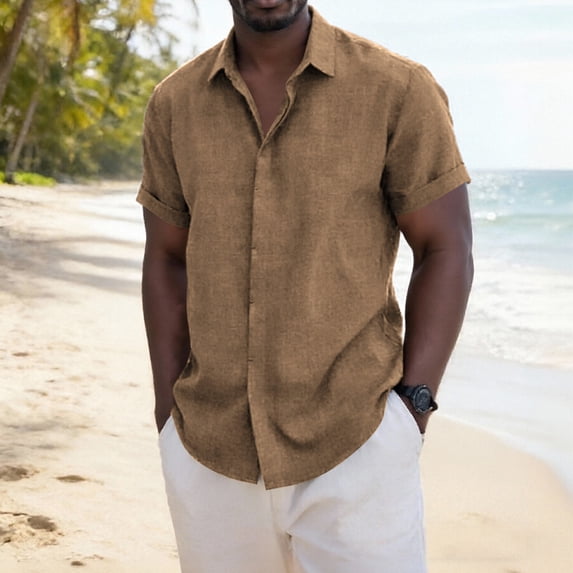 MORESEC Men's Linen Shirts For Summer Casual Wear Short Sleeve Collared Solid Beach Slim Fit Button Down Shirts Vacation Fashion Clothing, Coffee M