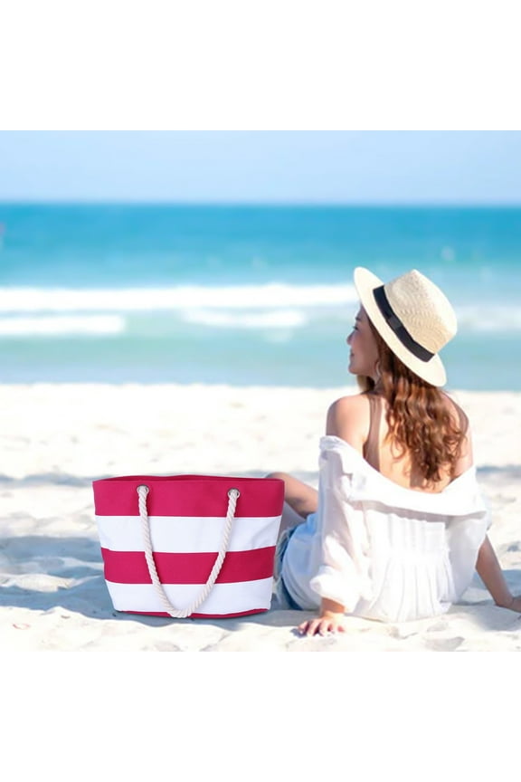 Pack for a Perfect Day at the Shore with This Tropical Summer Striped Beach Bag for Women, a Large Tote with a Zipper Pocket, Reusable and Spacious Enough for Towels, Sunscreen, and