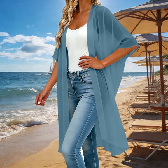 MORESEC Plus Size Cardigan For Women V Neck Short Sleeve Flowy Casual Beach Cover Up Lightweight Summer Kimono, Blue 4XL