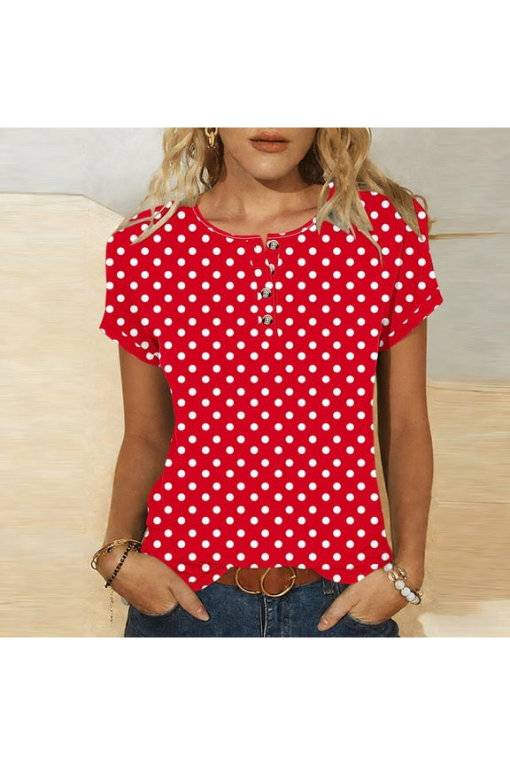 Polka Dot T-Shirt For Women Short Sleeve Round Neck Button Down Casual Basic Top Party Wear Fashion Clothes, Red M