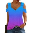 thumbnail image 1 of MORESEC Summer Holiday V Neck Tops For Women Cold Shoulder Ruffle Gradient Casual Tee Shirts Vacation Fashion Clothes, Blue XL, 1 of 5