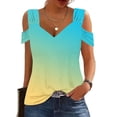 thumbnail image 1 of MORESEC Summer Holiday V Neck Tops For Women Cold Shoulder Ruffle Gradient Casual Tee Shirts Vacation Fashion Clothes, Green L, 1 of 5