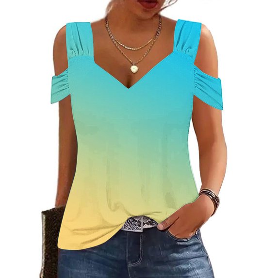 MORESEC Summer Holiday V Neck Tops For Women Cold Shoulder Ruffle Gradient Casual Tee Shirts Vacation Fashion Clothes, Green L