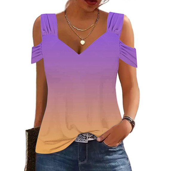 MORESEC Summer Holiday V Neck Tops For Women Cold Shoulder Ruffle Gradient Casual Tee Shirts Vacation Fashion Clothes, Purple XL