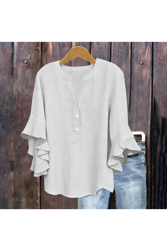 Summer Plus Size Blouse Women's Cotton Linen Ruffle Sleeve Button Down Shirt Casual Loose Tops Holiday Vacation Fashion T-Shirt, White S
