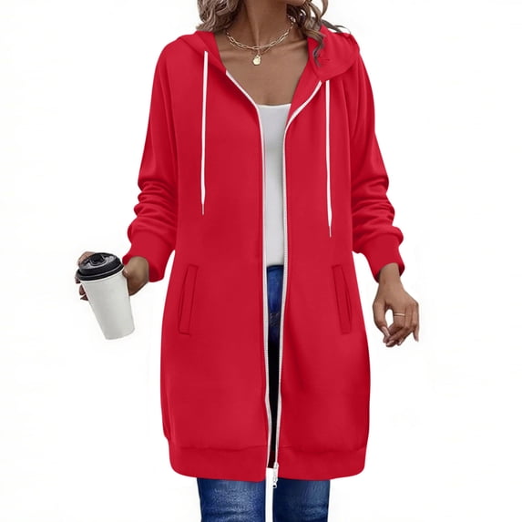 MORESEC Summer Plus Size Hooded Zip Coat Flowy Casual Outerwear Jacket For Women Beach Cover Up Solid Basic Fashion, Watermelon Red L