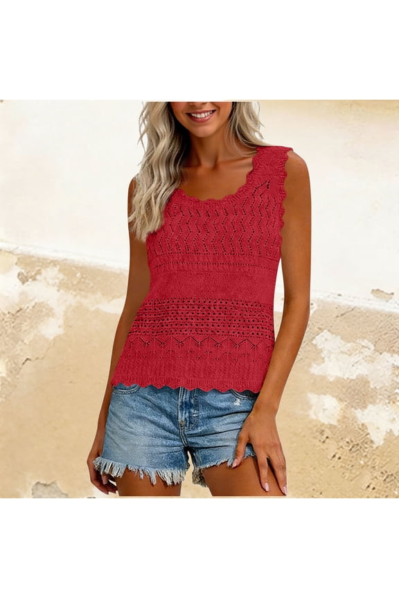 Summer Vacation Boho Tank Top For Women Sleeveless Eyelet Round Neck Casual Basic Solid Beach Tops Cute Blouses Fashion Clothing, Red 2XL