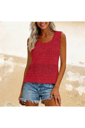 Summer Vacation Boho Tank Top For Women Sleeveless Eyelet Round Neck Casual Basic Solid Beach Tops Cute Blouses Fashion Clothing, Red S