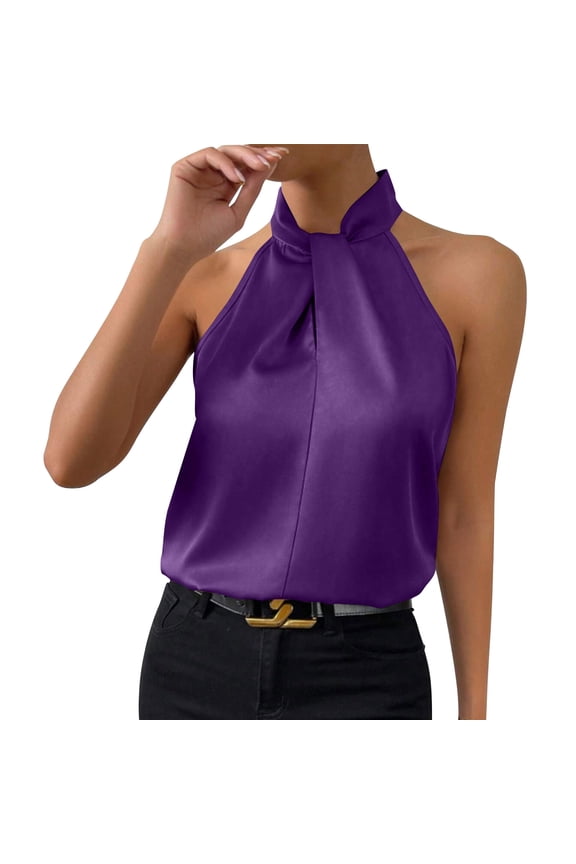 Summer Women Satin Halter Top Knot Front Elegant Casual Blouse Party Wear T-Shirt Basic Solid Tee Vacation Fashion Clothes, Purple S