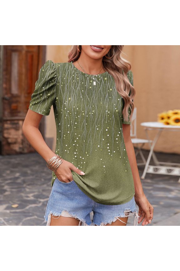 Summer Women's Ruffle T-Shirt Round Neck Short Sleeve Casual Party Top Gradient Blouse Fashion Tee, Army Green S