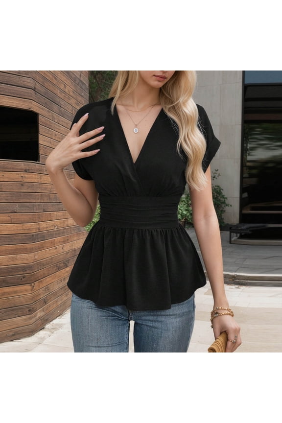Summer Women's V Neck Short Sleeve Peplum Top Ruched Casual Blouse Elegant Tshirt Beach Vacation Fashion Clothes, Black L