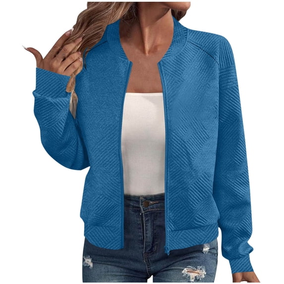 MORESEC Women Casual Jacket Long Sleeve Zip Up Collared Outerwear Solid Basic Coat for Spring Vacation Fashion Clothes, Blue M
