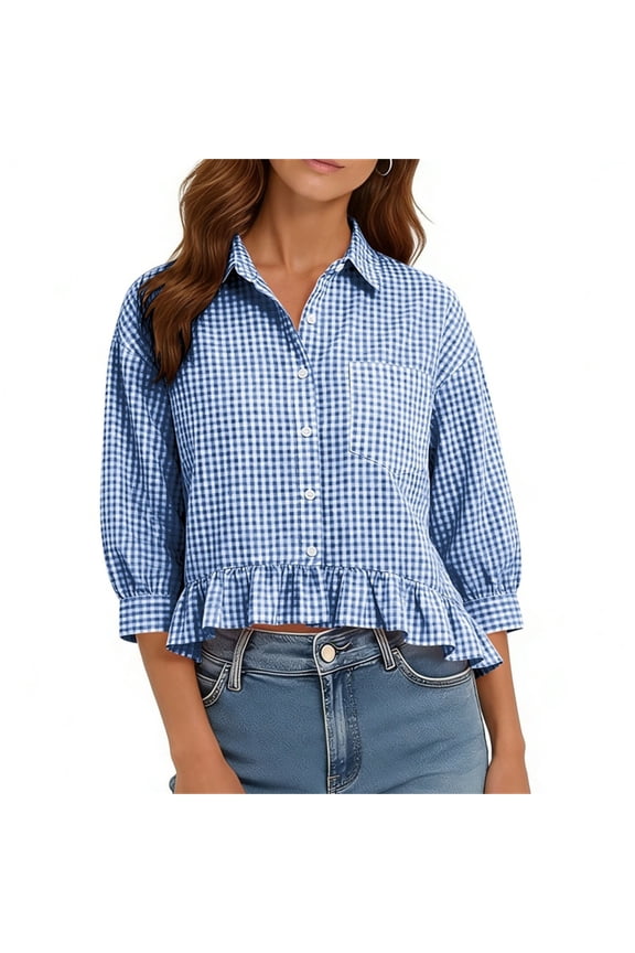 Women Collared 3/4 Sleeve Ruffle Plaid Blouse for Women Casual Crop Top Travel Fashion Tee Shirts Vacation Summer Clothes, Blue L