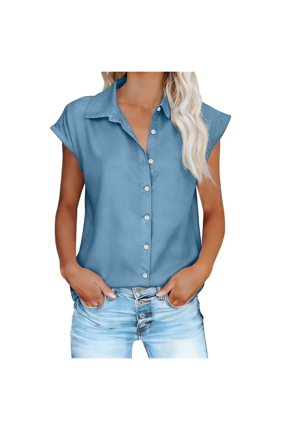 Women Collared Knot Front Crop Top Denim T Shirt Short Sleeve Button Down Casual Blouse Trendy Summer Tee for Party Vacation, Sky Blue XL