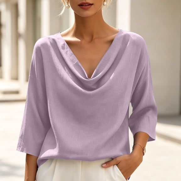 MORESEC Women Cotton Linen V Neck 3/4 Sleeve Flowy Blouse Summer Casual Tops for Women Dressy Tunic Shirts Vacation Beach Clothes, Purple M