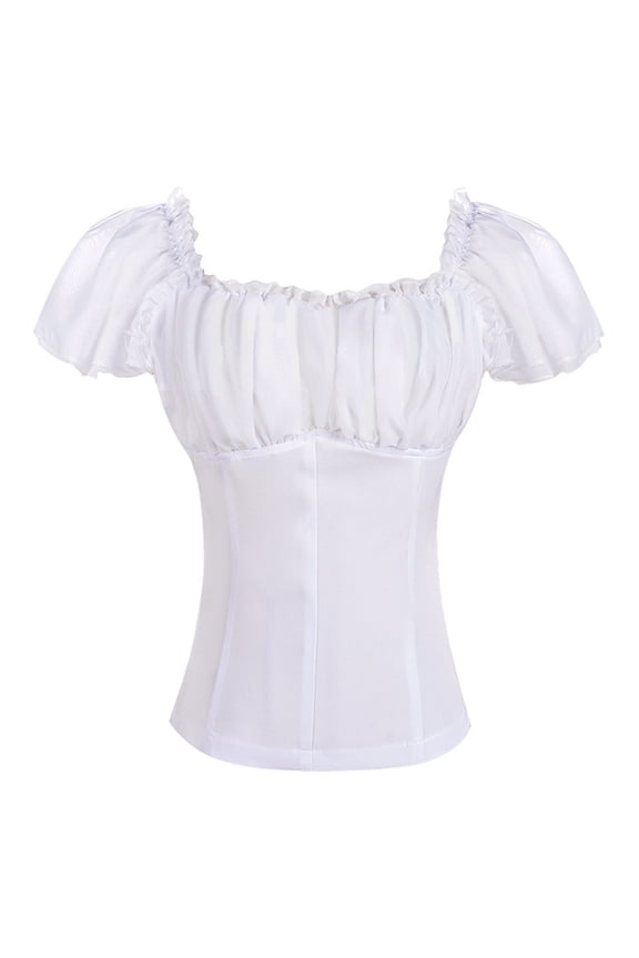 Women Gothic Square Neck Blouse Ruffle Trim Short Sleeve Tops Vintage Lace Up Casual Shirts Elegant Chic T-Shirts Night Out Fashion Clothes, White 2XL