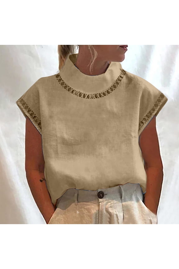 Women High Neck Short Sleeve Linen Blouse Embroidery Casual Tops Summer Boho Chic Shirts Vacation Fashion T-Shirts, Khaki M