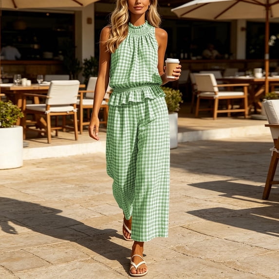 BRELIL Women High Neck Sleeveless Peplum Top Wide Leg Pants Two Piece Set Plaid Boho Vacation Casual Loose 2 Piece Travel Outfit, Green S
