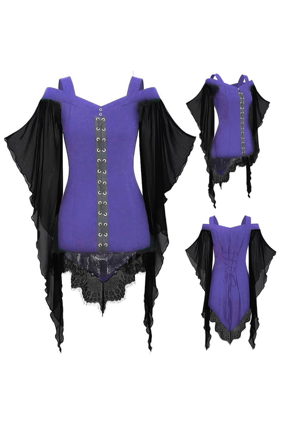 Women Off Shoulder Gothic Tops Ruffle Lace Slim Fit Tee Shirts Casual Blouses Party Vacation Fashion Clothes, Purple L