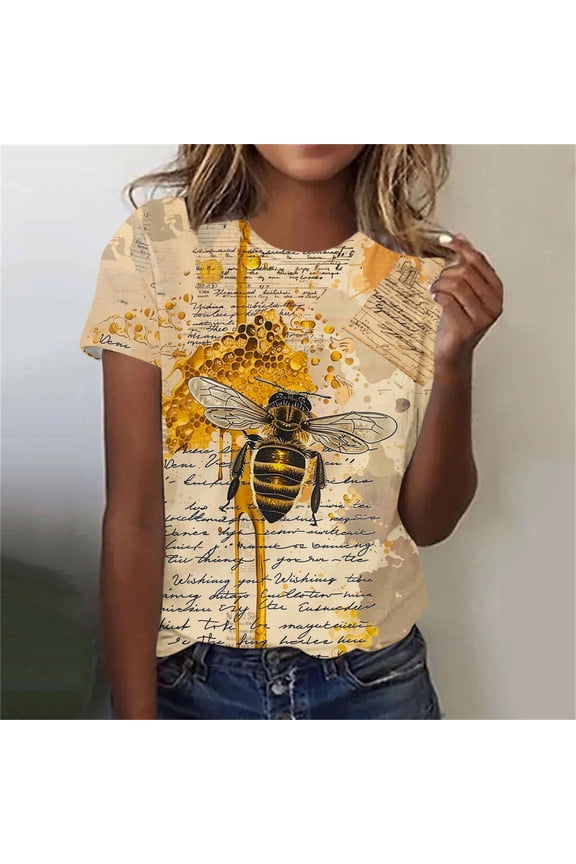 Women Plus Size Bee Graphic T-Shirt Vintage Casual Short Sleeve Round Neck Tee Shirt Cute Trendy Summer Tops Fashion Clothes, Multicolor M