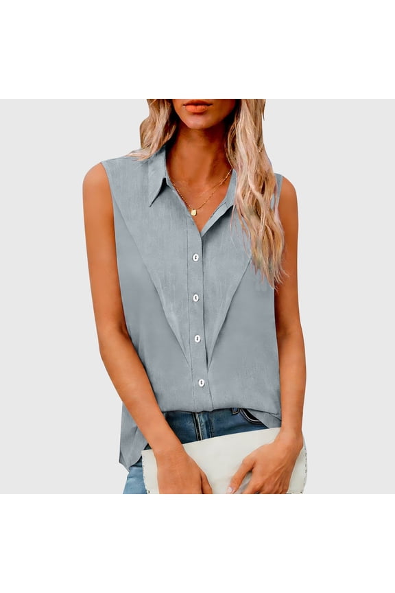 Women Plus Size Blouse Sleeveless Collared Button Down Shirt Casual Basic Tops Solid Color Travel Vacation Fashion Clothes, Gray 3XL