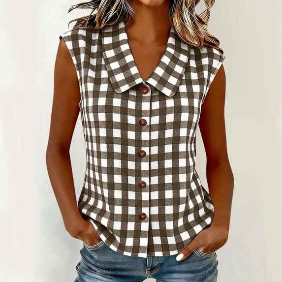 MORESEC Women Plus Size Collared Sleeveless Button Down Plaid Casual Tank Top for Women Dressy Basic Tops Party Summer Clothes, Brown M