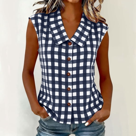 MORESEC Women Plus Size Collared Sleeveless Button Down Plaid Casual Tank Top for Women Dressy Basic Tops Party Summer Clothes, Navy 2XL