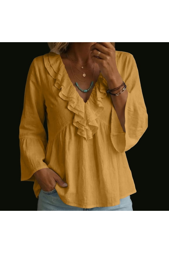 Women Plus Size Fall Long Sleeve V Neck Ruffle Blouse Casual Loose Boho Tunic Tops Solid Basic Pullover Shirts for Vacation Work, Brown 2XL