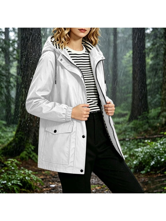 Women Plus Size Fall Winter Hooded Zip Up Rain Jacket Warm Solid Casual Outdoor Coat Blazer Cover Up Long Sleeve Waterproof Windbreaker Trench Coats, White L