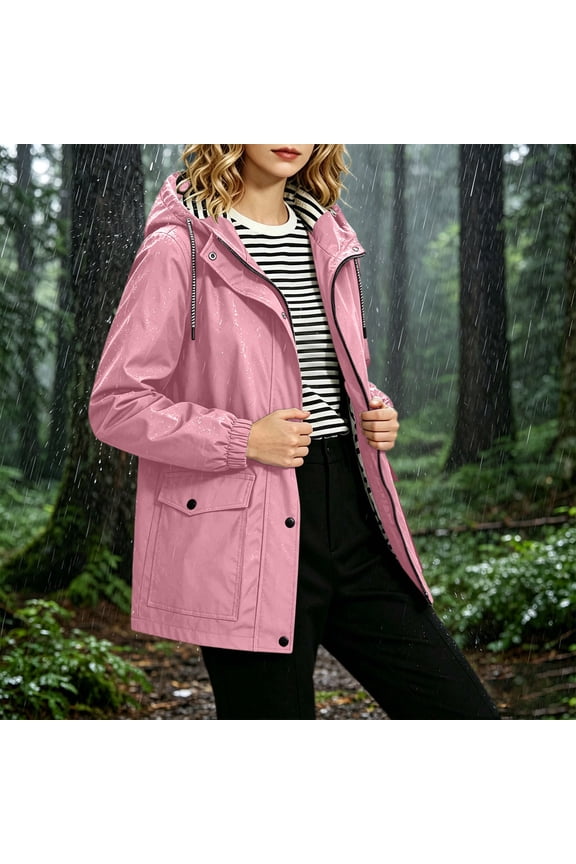 Women Plus Size Fall Winter Hooded Zip Up Rain Jacket Warm Solid Casual Outdoor Coat Blazer Cover Up Long Sleeve Waterproof Windbreaker Trench Coats, Pink 2XL