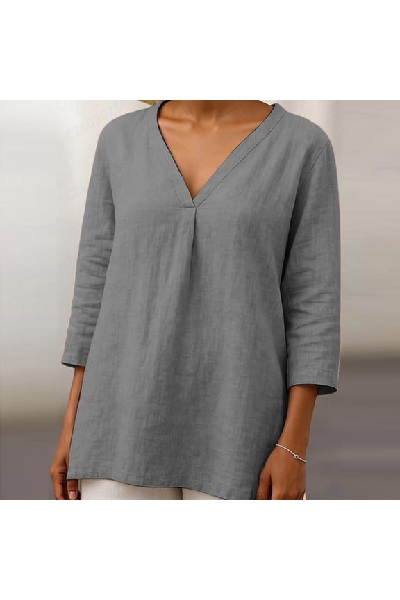Women Plus Size Fall Winter V Neck 3/4 Sleeve Flowy Casual Basic Pullover Tops Solid Boho Tunic Blouses Loose Fit Dressy Layering Outfits, Gray S