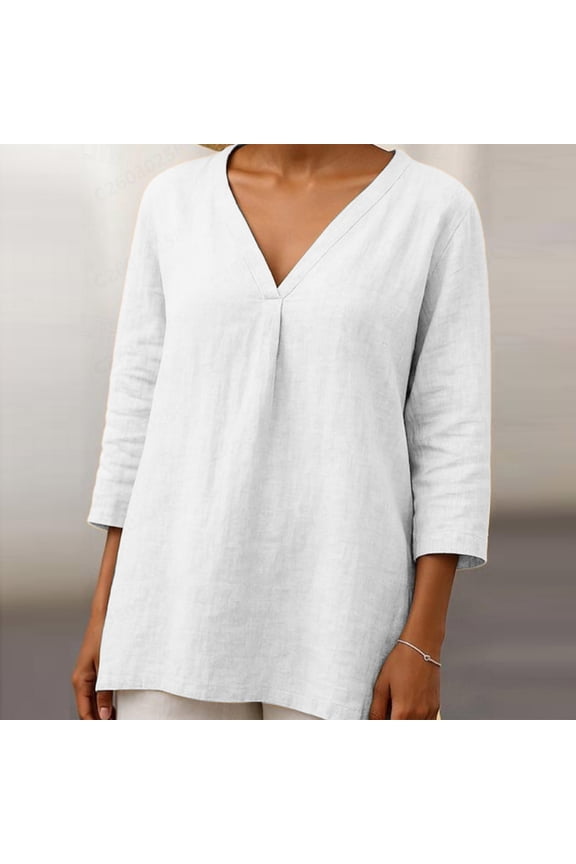Women Plus Size Fall Winter V Neck 3/4 Sleeve Flowy Casual Basic Pullover Tops Solid Boho Tunic Blouses Loose Fit Dressy Layering Outfits, White XL