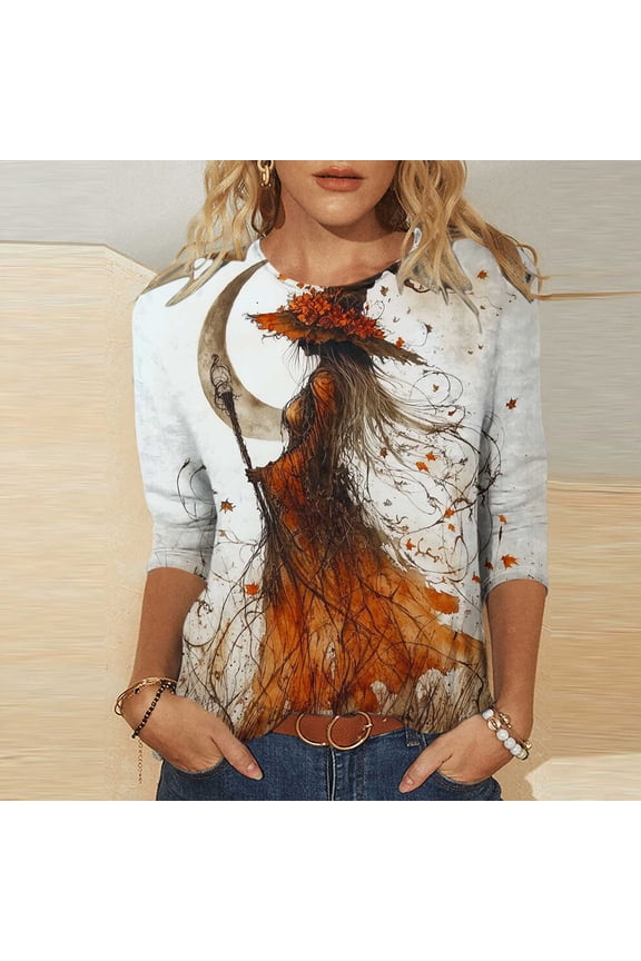 Women Plus Size Halloween Round Neck 3/4 Sleeve Graphic Gothic Pullover Tops Casual Fall Winter Tunic Blouse Trendy Dressy Vacation Outfits, Multicolor L