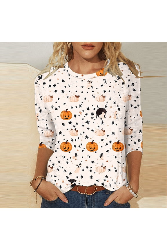 Women Plus Size Halloween Round Neck Graphic Tops Cute 3/4 Sleeve Pullover Goth Dressy Casual Tshirt Blouse Spooky Fall Fashion Clothes, Khaki M