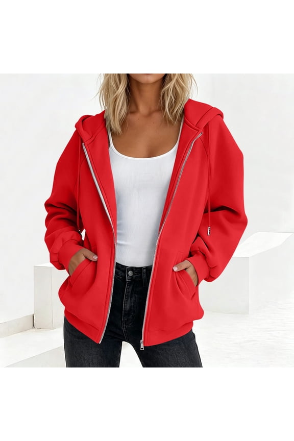 Women Plus Size Hooded Jacket Zip Up Casual Loose Outerwear Beach Cover Up Spring Fashion Clothes, Red S