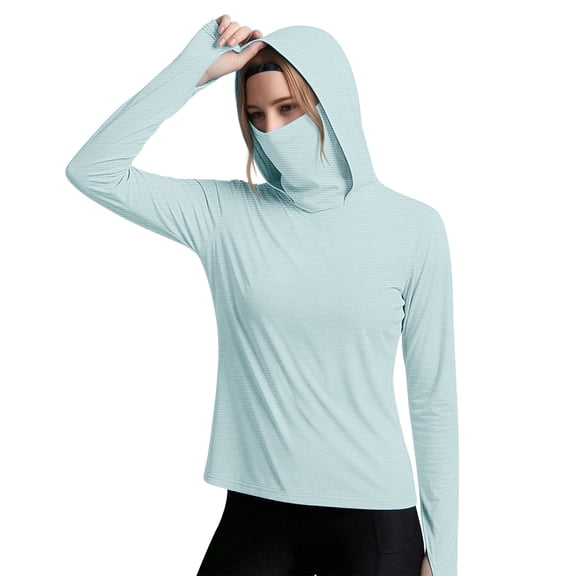 MORESEC Women Plus Size Hooded Long Sleeve Sun Protection Shirts Solid Basic Casual Workout Tshirt with Smocked Cuffs, Mint Green S