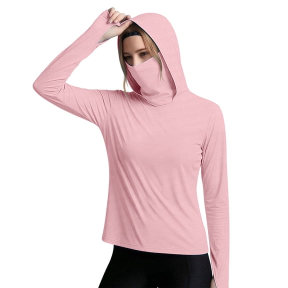 MORESEC Women Plus Size Hooded Long Sleeve Sun Protection Shirts Solid Basic Casual Workout Tshirt with Smocked Cuffs, Pink S