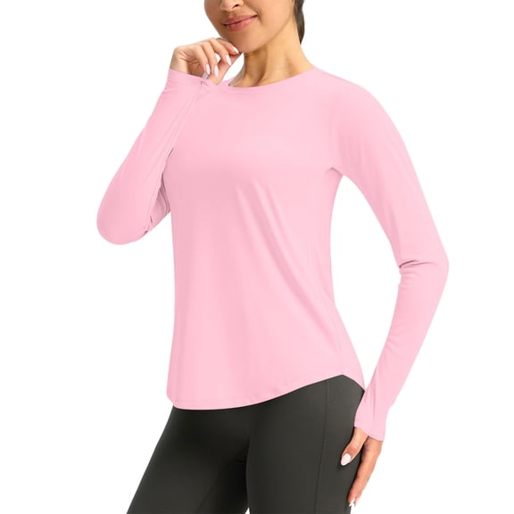 MORESEC Women Plus Size Long Sleeve Round Neck T Shirts Solid Basic Tee Shirts for Workout Casual Daily Wear Loose Fit Tops, Pink S
