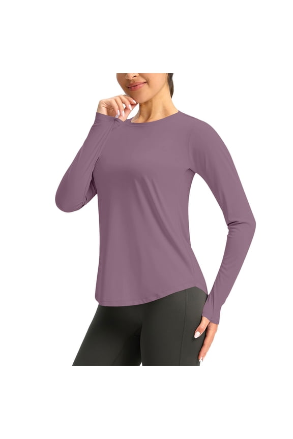 MORESEC Women Plus Size Long Sleeve Round Neck T Shirts Solid Basic Tee Shirts for Workout Casual Daily Wear Loose Fit Tops, Purple S