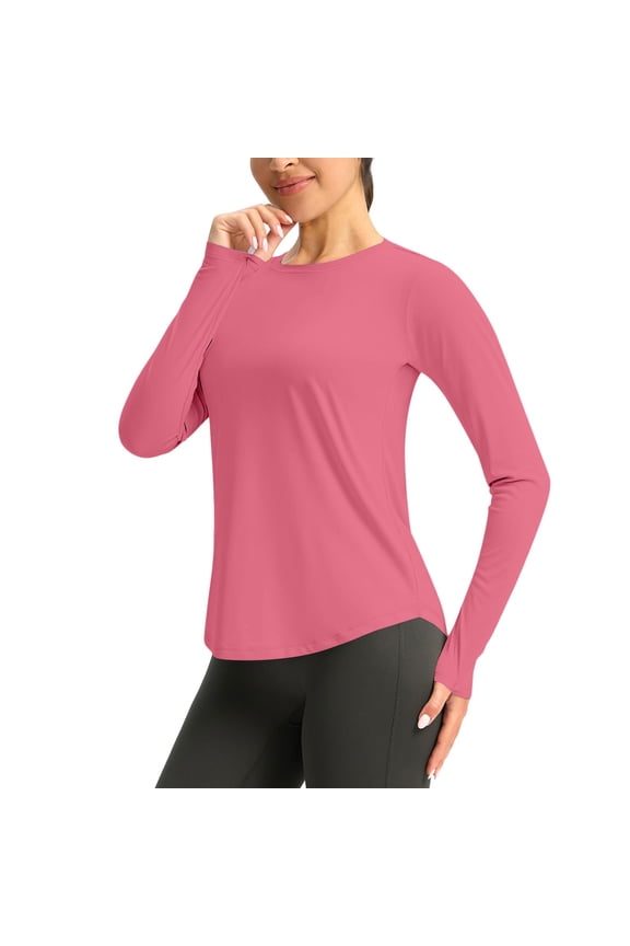 MORESEC Women Plus Size Long Sleeve Round Neck T Shirts Solid Basic Tee Shirts for Workout Casual Daily Wear Loose Fit Tops, Watermelon Red S