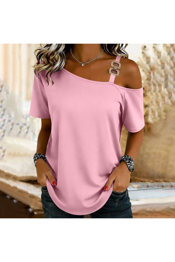 Women Plus Size Off Shoulder Tops Cold Shoulder Asymmetrical Tees Casual Basic Shirts Party Wear Fashion Clothes, Pink XL