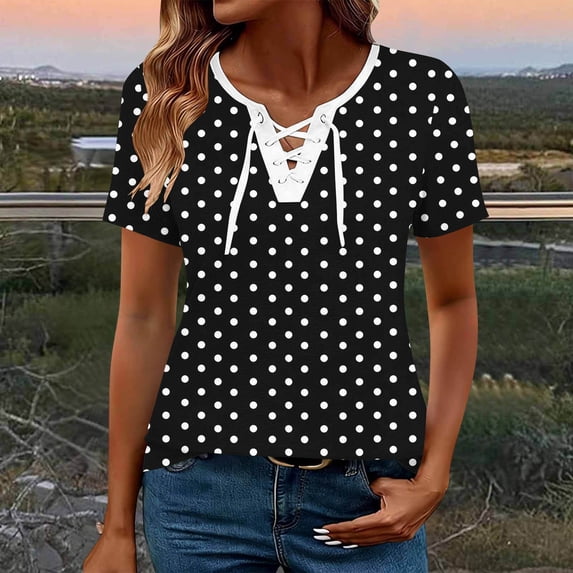 MORESEC Women Plus Size Short Sleeve V Neck Tie Front Polka Dot Blouses Dressy Casual Tops Cute Tee Shirts Summer Vacation Party Clothes, Black 3XL