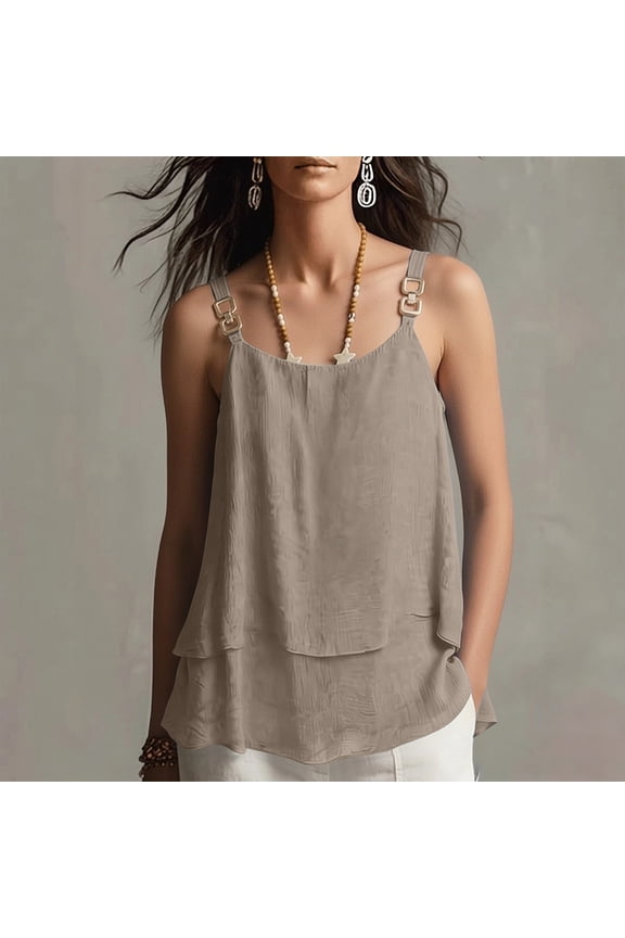 Women Plus Size Sleeveless Tank Tops Flowy Boho Casual Summer Tops Round Neck Strappy Basic Solid Color Vacation Fashion Clothes, Khaki 2XL