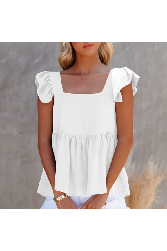 Women Plus Size Square Neck Short Sleeve Blouse Ruffle Flowy Casual Tops Holiday Vacation Fashion Clothes, White S