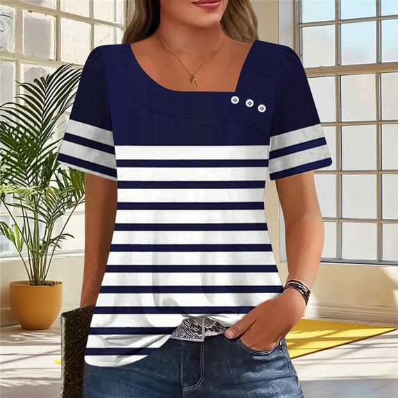 MORESEC Women Plus Size Striped Button Down Shirt Short Sleeve Square Neck Casual Tops Cute Basic Tee Shirts Everyday Fashion Clothes, Navy M
