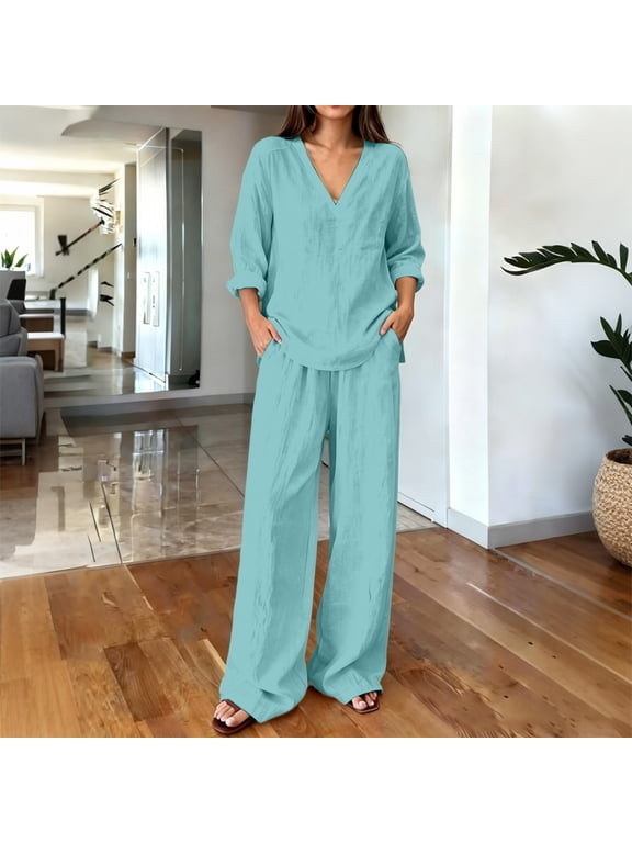 Women Plus Size Summer V Neck Blouse Wide Leg Pants Two Piece Sets Casual Solid Boho Beach Vacation Travel Outfits Loungewear, Sky Blue 2XL